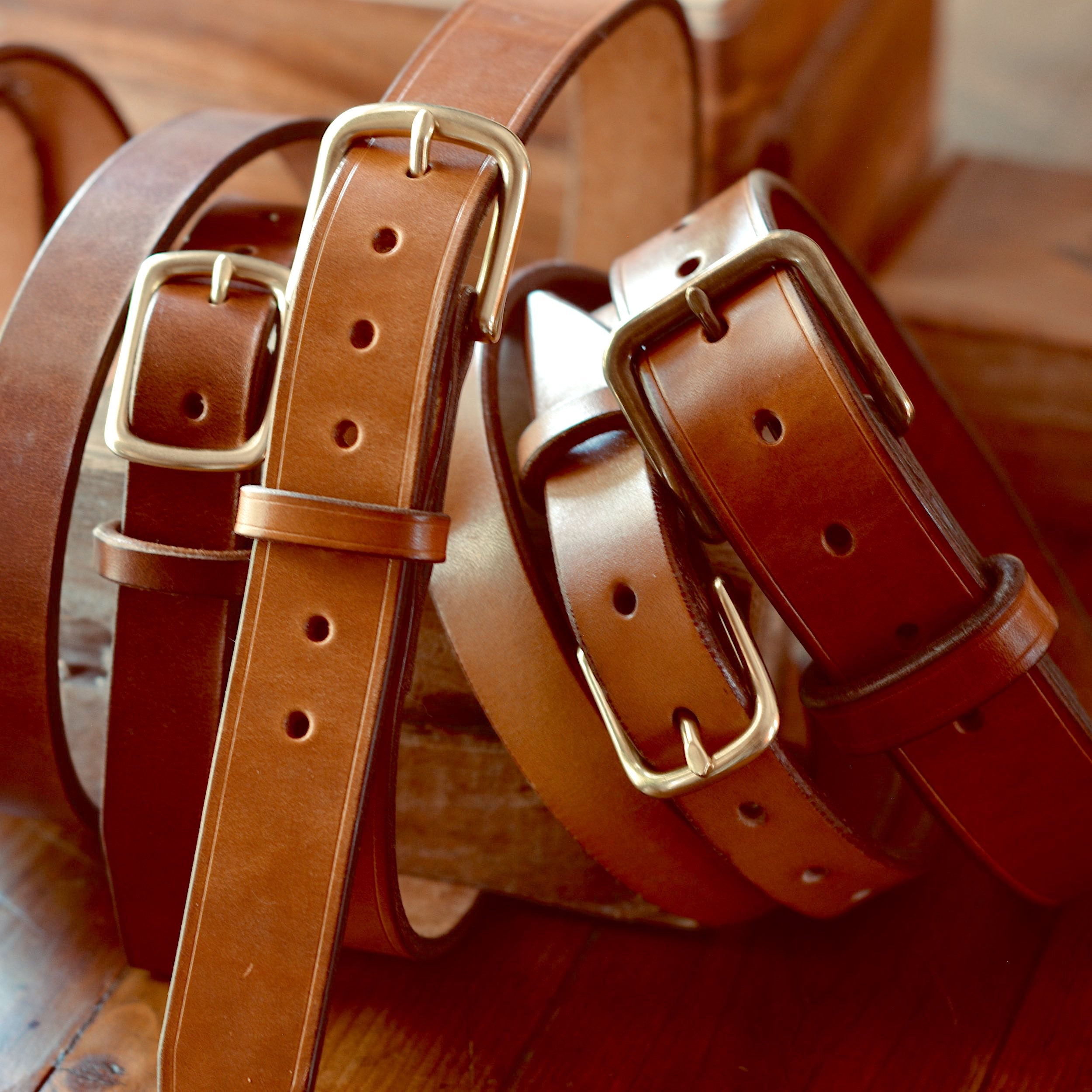 34mm Full Grain Real Leather Belt with Brass Colour Buckle - Vintage Brown